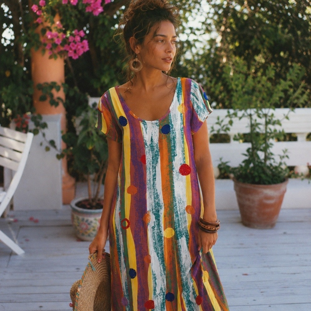 Vintage 90s Jams World Rayon Maxi Dress M Wearable Art Abstract Print